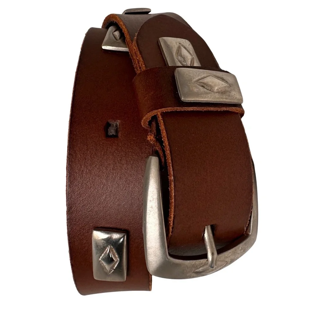 Vintage Brown Leather Belt Brass Buckle Studded Preppy Y2K Women S 27 Equestrian